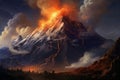 A majestic volcano spewing lava, dark plumes rising against a fiery sky. Generative AI.