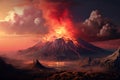 A majestic volcano spewing lava, dark plumes rising against a fiery sky. Generative AI.