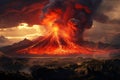 A majestic volcano spewing lava, dark plumes rising against a fiery sky. Generative AI.