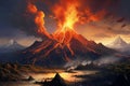 A majestic volcano spewing lava, dark plumes rising against a fiery sky. Generative AI.