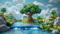 Voxel tree on an islet in a serene digital river landscape. Minecraft texture world. AI generated Royalty Free Stock Photo