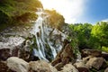 Majestic water cascade of Powerscourt Waterfall, the highest waterfall in Ireland.