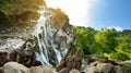 Majestic water cascade of Powerscourt Waterfall, the highest waterfall in Ireland. Tourist atractions in co. Wicklow, Ireland