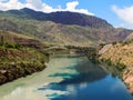 Majestic water combination of two rivers. Dirty-yellow Kara Su flows into bright-blue Naryn