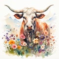 Majestic Watercolor Bull Standing Powerfully Amidst Fields of Wildflowers AI Generated