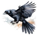 Majestic Watercolor Gothic Raven in Flight AI Generated