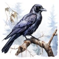 Majestic Watercolor Gothic Raven on White Background AI Generated