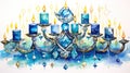 Majestic Watercolor Hanukkah Menorah with Dreidels and Gelt AI Generated