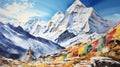 Majestic Watercolor Himalayan Peaks with Prayer Flags and Sherpas AI Generated