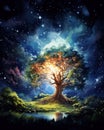 Majestic Watercolor Painting of a Big Tree at Night AI Generated