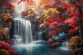 Majestic Waterfall in Autumn Forest Landscape with Colorful Foliage, Tranquil Nature Scene for Calming Wall Art and Home Royalty Free Stock Photo