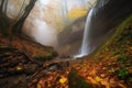 majestic waterfall in autumn forest with misty veil Royalty Free Stock Photo