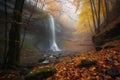majestic waterfall in autumn forest with misty veil Royalty Free Stock Photo
