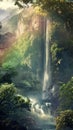 A majestic waterfall cascades down a lush, sunlit cliff into a misty pool below, surrounded by verdant foliage Royalty Free Stock Photo