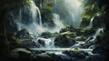 Majestic Forest Waterfall: A Spatial Concept Art Of Nature\'s Beauty Royalty Free Stock Photo