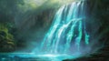 A majestic waterfall cascades into a tranquil pool, its waters illuminated with a radiant glow, surrounded by the lush Royalty Free Stock Photo