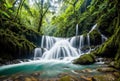 A majestic waterfall cascading down amidst a dense jungle, its rushing waters cutting through lush greenery and creating