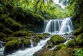 A majestic waterfall cascading down amidst a dense jungle, its rushing waters cutting through lush greenery and creating