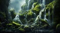 A majestic waterfall cascading down moss-covered rocks in a remote and untouched wilderness