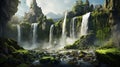 A majestic waterfall cascading down moss-covered rocks in a remote and untouched wilderness