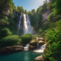 A majestic waterfall cascading down a rocky cliff into a sparkling pool below, surrounded by lush greenery2 Royalty Free Stock Photo
