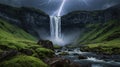 Majestic Waterfall Cascading Down Cliffs During a Thunderstorm, Capturing the Raw Power of Nature Royalty Free Stock Photo