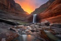 majestic waterfall cascading into fiery canyon sunset