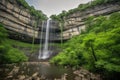 majestic waterfall cascading over rugged cliff face, surrounded by lush greenery Royalty Free Stock Photo