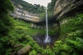 majestic waterfall cascading over rugged cliff face, surrounded by lush greenery Royalty Free Stock Photo