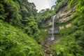 majestic waterfall cascading over rugged cliff face, surrounded by lush greenery Royalty Free Stock Photo