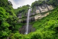 majestic waterfall cascading over rugged cliff face, surrounded by lush greenery Royalty Free Stock Photo