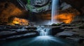 Enchanting Waterfall Cascading into a Secluded Cave with Ambient Illumination at Night Royalty Free Stock Photo