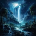 Majestic waterfall cascading into a tranquil paradise, AI-generated.