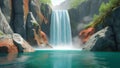 Majestic Waterfall Cascading into a Tranquil Turquoise Lagoon Surrounded by Cliffs Royalty Free Stock Photo