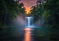 Majestic waterfall in dense forest with fireflies, sunset sky Royalty Free Stock Photo