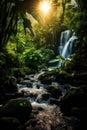 Majestic waterfall in dense tropical rainforest and sunlight