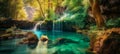 Majestic waterfall dropping from a rocky cliff into a turquoise pool in a vibrant forest Royalty Free Stock Photo