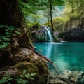 Majestic waterfall dropping from a rocky cliff into a turquoise pool in a vibrant forest Royalty Free Stock Photo