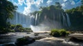 Majestic waterfall in a lush tropic forest illuminated by sunlight. serene nature scene. landscape photography for decor