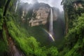 majestic waterfall, with mist and rainbows cascading down the jungle cliffs