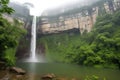 majestic waterfall, plummeting over cliff into misty pool below