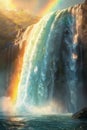 Majestic waterfall, rainbow arcing through spray, side angle, dynamic lighting Royalty Free Stock Photo