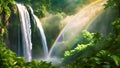 Majestic waterfall and rainbow in lush green forest.