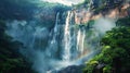 The majestic waterfall is a sight to behold. The water cascades down the cliff, creating a powerful and mesmerizing display