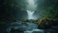 The majestic waterfall sprays mist on the tranquil seascape generative AI Royalty Free Stock Photo