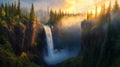 Majestic Waterfall at Sunset in a Misty Forest Royalty Free Stock Photo