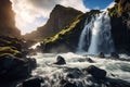 Majestic Waterfall Surges Through Rivers Heart, The perfect view of the famous powerful Gljufrabui cascade in sunlight, A dramatic