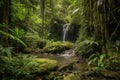 majestic waterfall, surrounded by lush greenery and jungle sounds