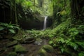 majestic waterfall, surrounded by lush greenery and jungle sounds