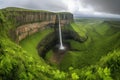 majestic waterfall surrounded by lush greenery and soaring cliffs in the distance Royalty Free Stock Photo